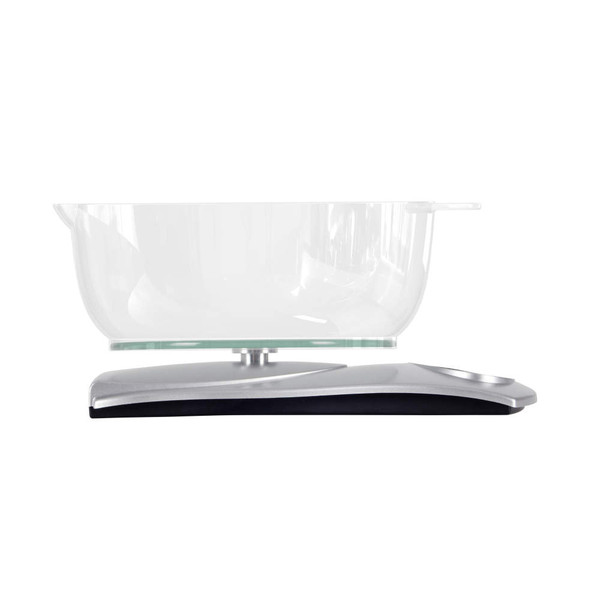 Silver digital kitchen scale with transparent mixing bowl, side view