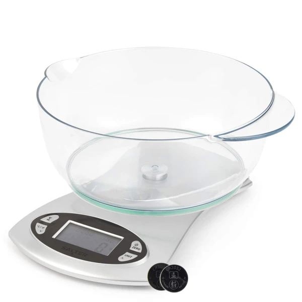 Digital kitchen scale with clear mixing bowl and two CR2032 batteries included