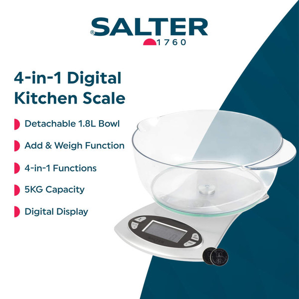 Silver Salter digital kitchen scale with bowl of brown sugar, reading 280 grams
