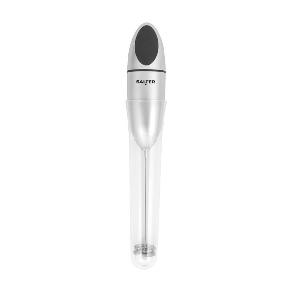 Silver handheld milk frother with Salter branding, shown upright on white background