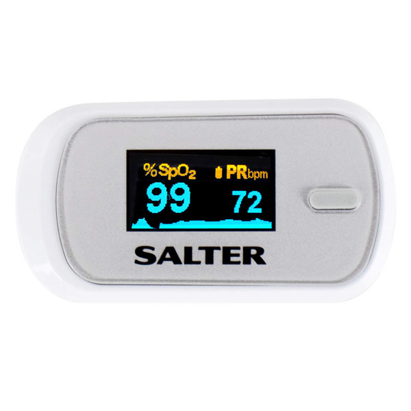Salter fingertip pulse oximeter with digital display showing blood oxygen and pulse rate
