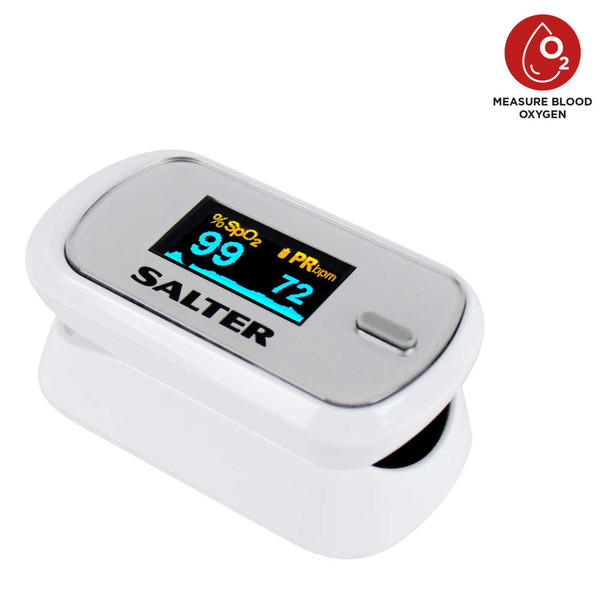 White fingertip pulse oximeter showing readings, close up, for measuring blood oxygen.