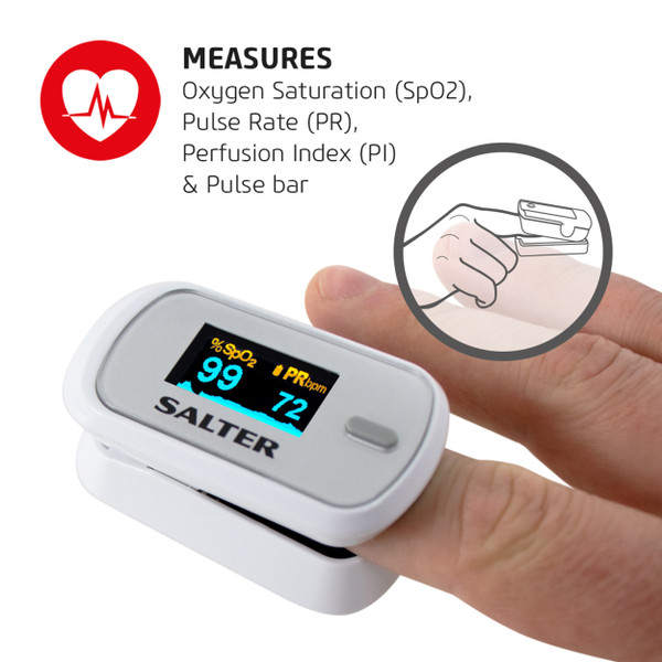 OxyWatch Fingertip Pulse Oximeter - measures Oxygen Saturation (SpO2), Pulse Rate (PR) and Perfusion Index (PI) from your fingertip.