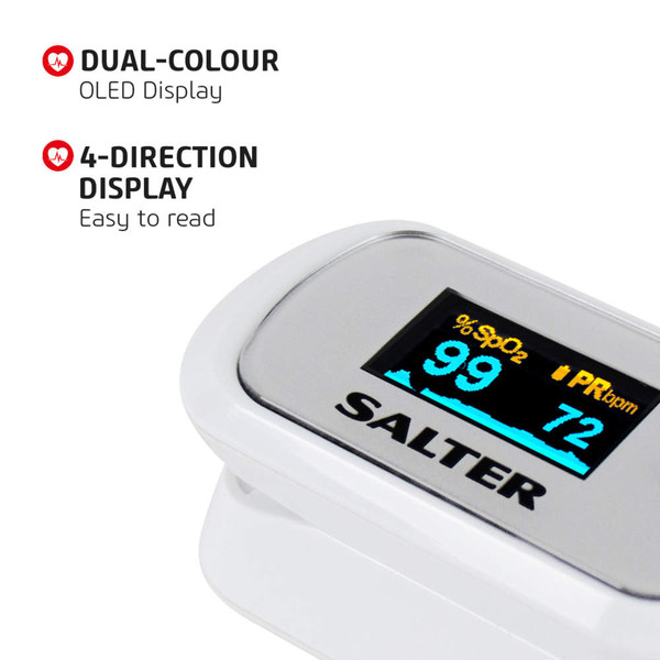 Salter fingertip pulse oximeter with dual-colour 4-direction OLED display, close-up.