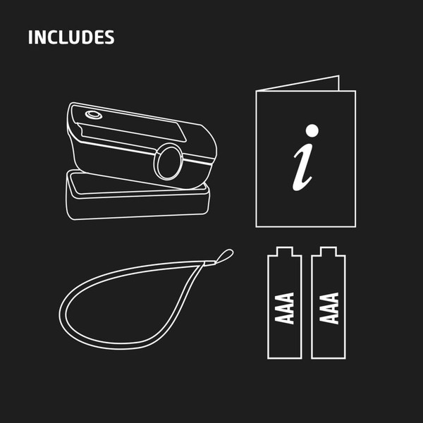 Pack contents: pulse oximeter, lanyard, user guide, and two AAA batteries