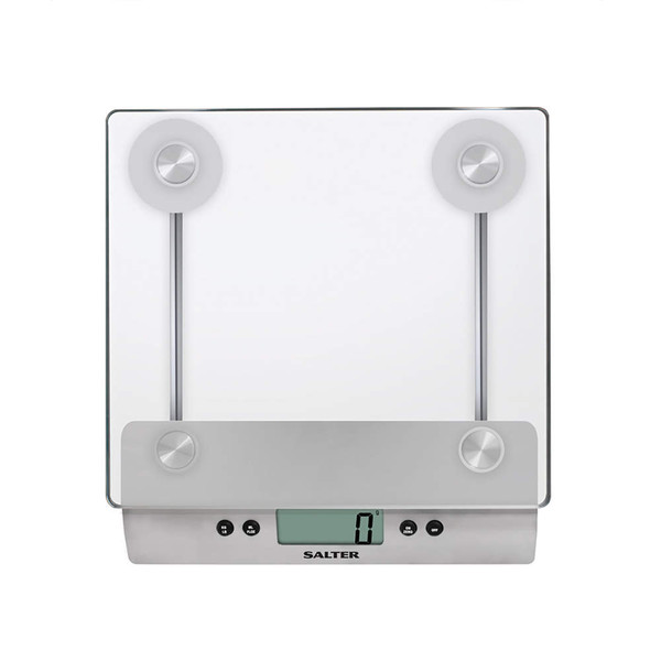Salter silver digital bathroom scale with large square glass platform on display.