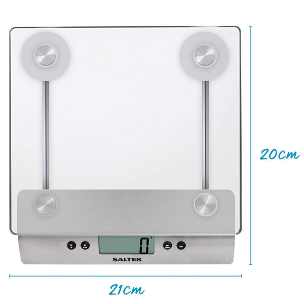 Salter digital kitchen scale, glass and steel, 21cm x 20cm, with LCD display.