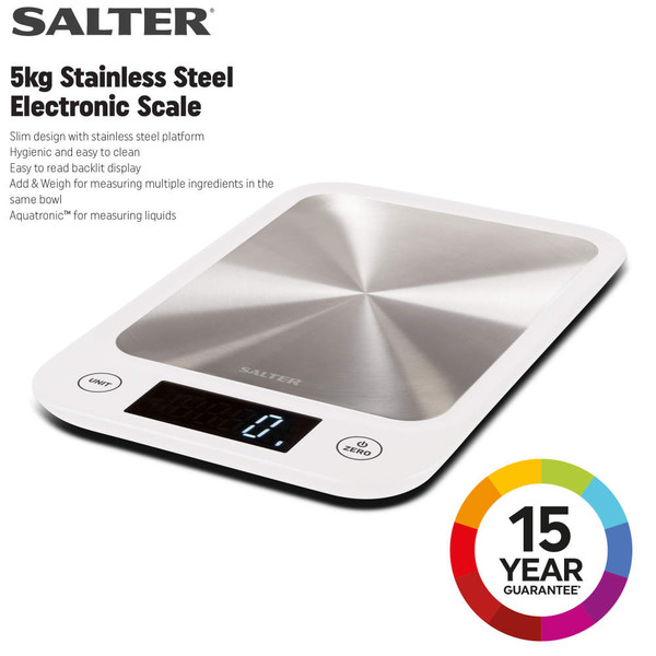 Salter 5kg stainless steel electronic kitchen scale with backlit display