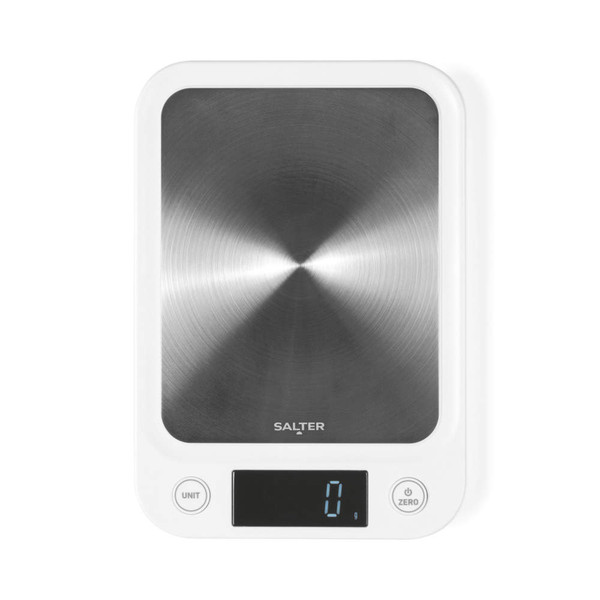 Silver digital kitchen scale with rectangular design and LCD display, showing zero grams.