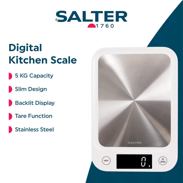 Slim silver digital kitchen scale with display, shown in a drawer next to wooden utensils