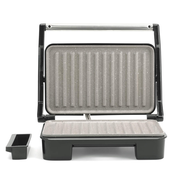 Grey electric grill with open non-stick plates and removable drip tray