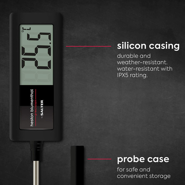 Digital food thermometer with silicone casing, probe, and protective case.