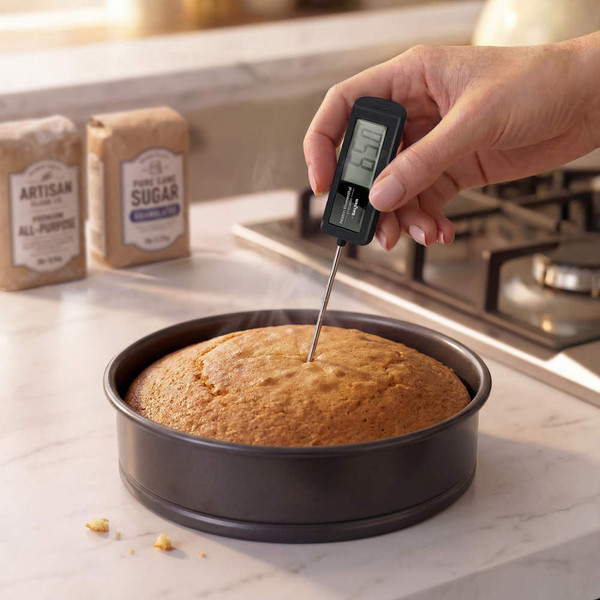 Digital food thermometer on dark background, displaying 20.5°C, highlights fast and precise readings.