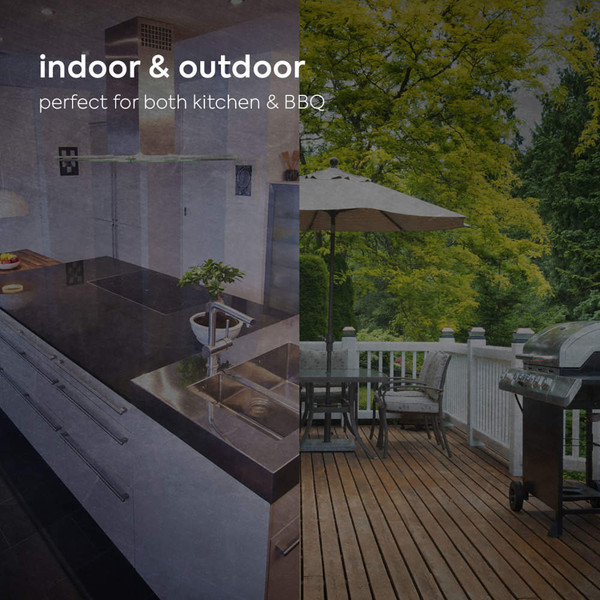 Split image of modern kitchen and outdoor BBQ area with text: indoor & outdoor, perfect for both.