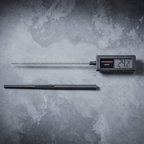 Digital cooking thermometer with metal probe and black handle, display reads 24.2°C