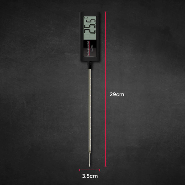 Digital cooking thermometer with stainless steel probe, shown with measurements 29cm by 3.5cm