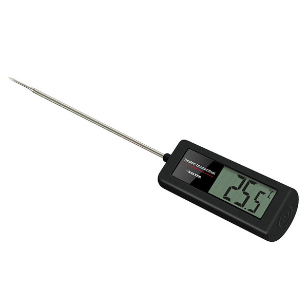 Black digital cooking thermometer with LCD display and stainless steel probe