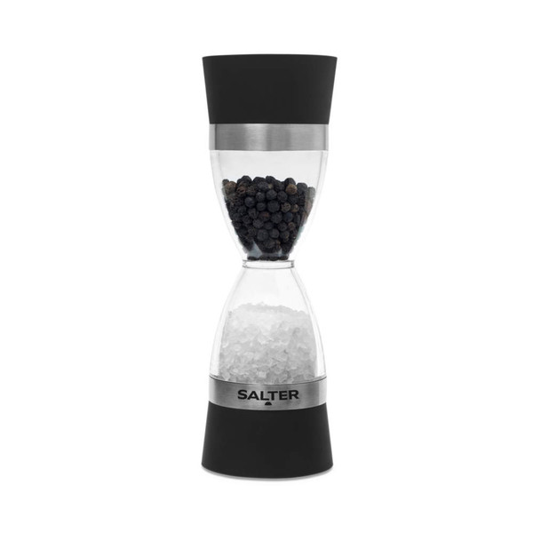 Dual-ended salt and pepper grinder with black accents, shown filled by Salter.