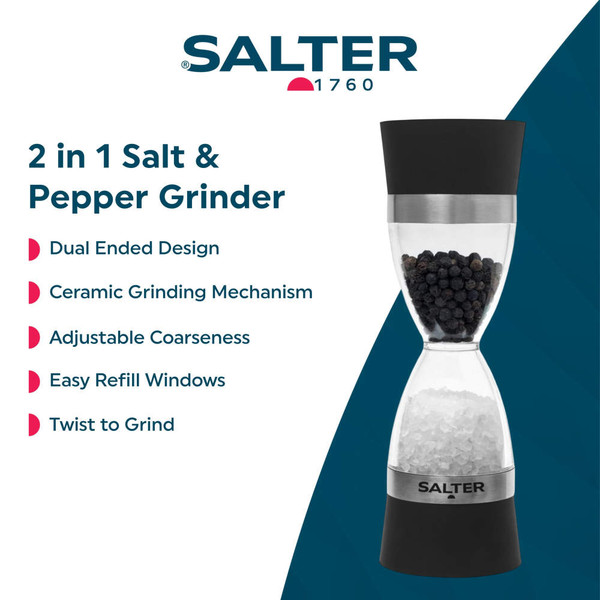 Black and silver hourglass salt and pepper mill with SALTER logo, product image