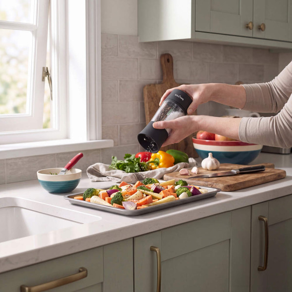 Black seasoning grinder in use over a tray of chopped vegetables