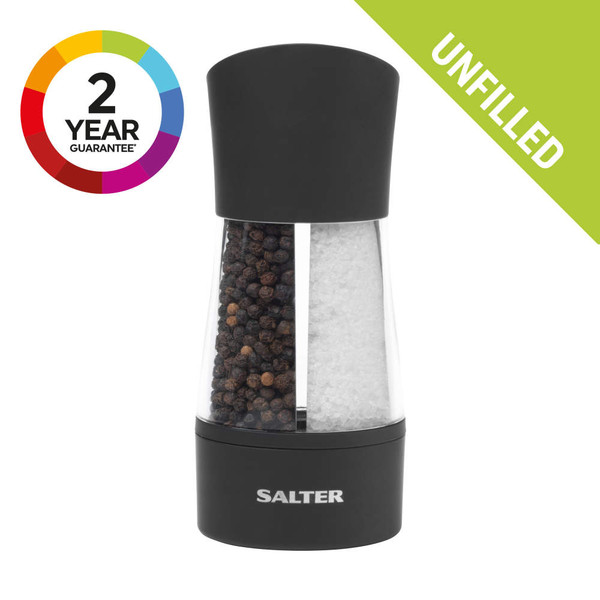 Black dual chamber salt and pepper mill, labelled unfilled, Salter branding.