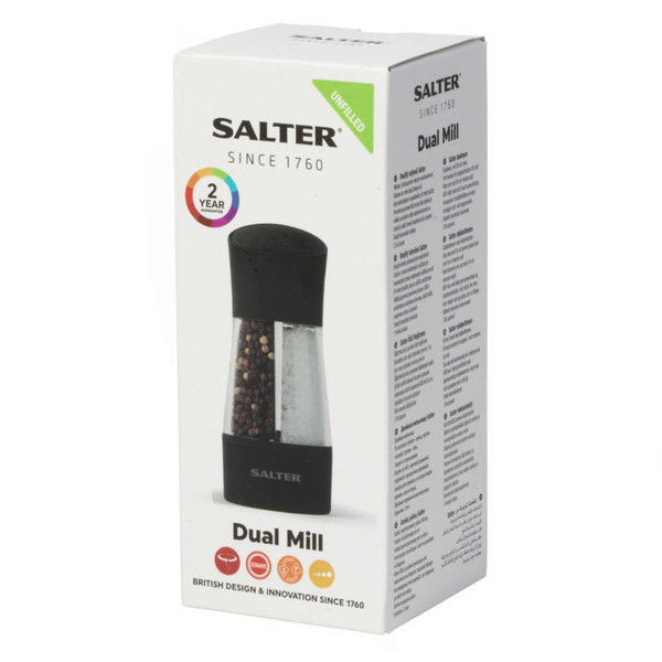Salter dual mill salt and pepper grinder in retail box, unfilled.