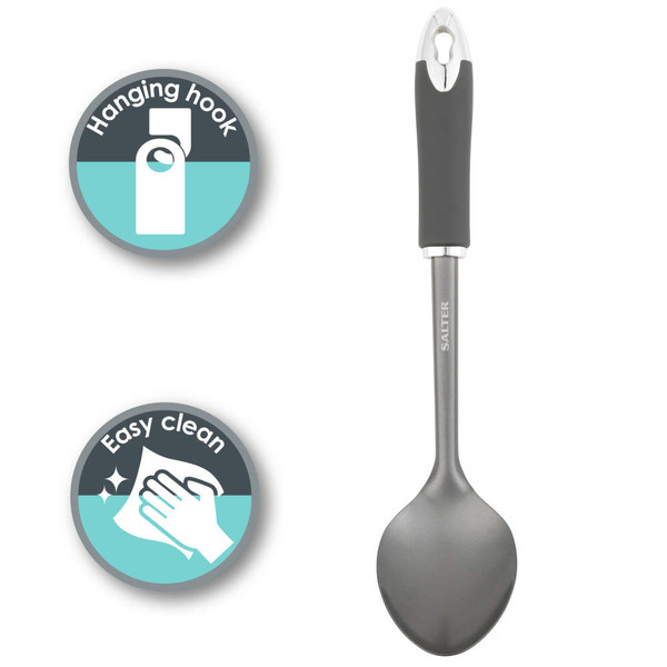 Grey cooking spoon with black soft-grip handle, hanging hook, and easy clean feature