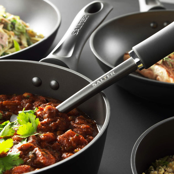 Non-stick Salter saucepan with tomato-based dish, shown from angled top view