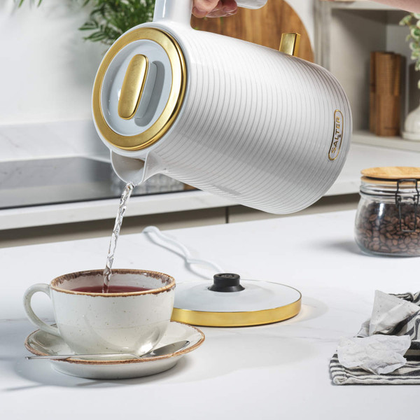 White and gold Salter kettle and toaster set on kitchen counter.