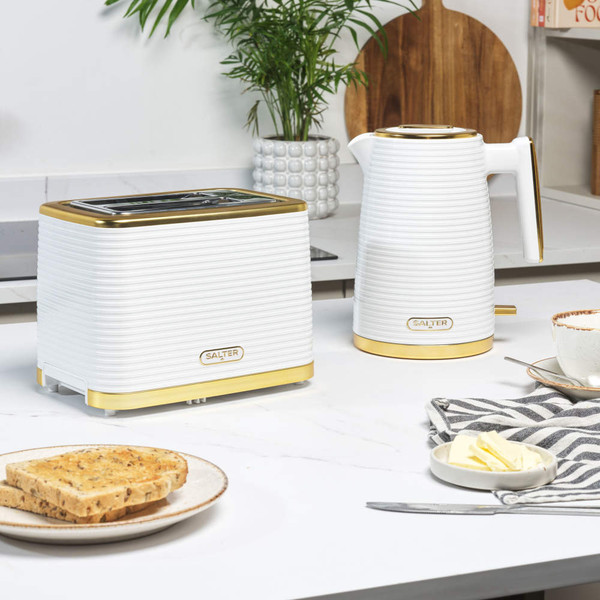 White and gold Salter kettle and toaster set on kitchen counter.