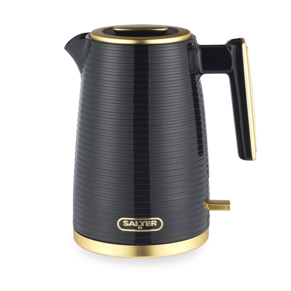 Black electric kettle with gold trim and handle, shown upright for product listing