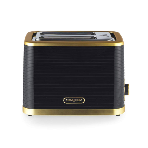 Black and gold two-slice toaster front view, Salter branding visible.