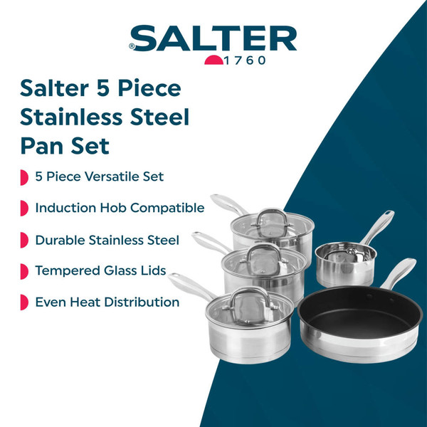Set of stainless steel saucepans and frying pan on kitchen counter, food shown inside