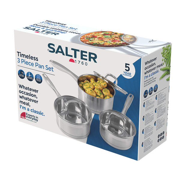 Salter Timeless 3 piece stainless steel pan set packaging, UK version