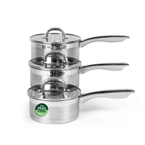 Set of three stainless steel saucepans with lids, silver finish, side view