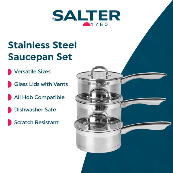 Set of three silver stainless steel saucepans, stacked with lid, shown from side