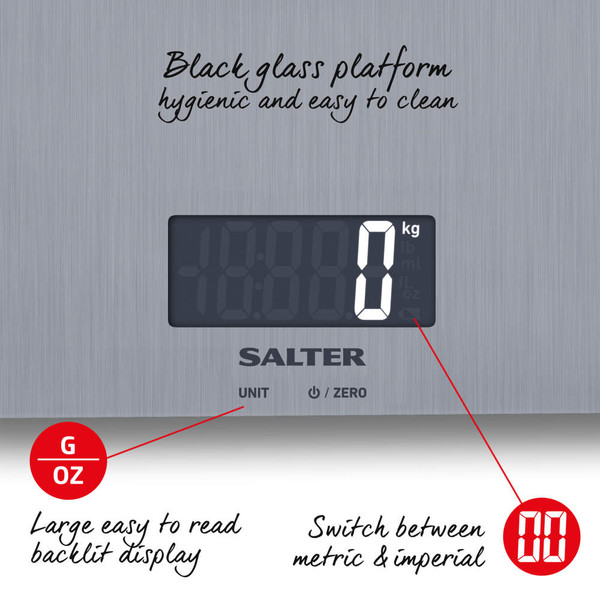 Digital kitchen scale display with Salter branding, showing metric and imperial unit options.