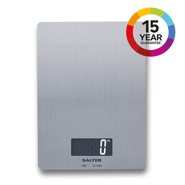 Stainless steel digital kitchen scale with LCD display and 15 year guarantee badge.