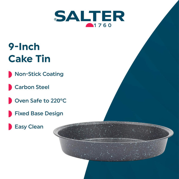 Round grey non-stick pizza tray with speckled finish on kitchen worktop