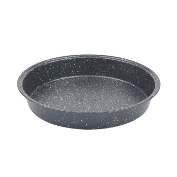 Grey speckled round baking tin, non-stick finish, shown empty on white background