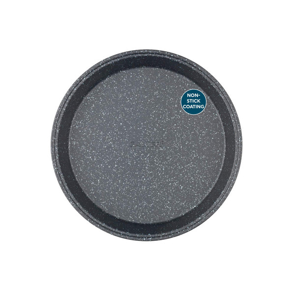 Grey speckled round baking tray with non-stick coating
