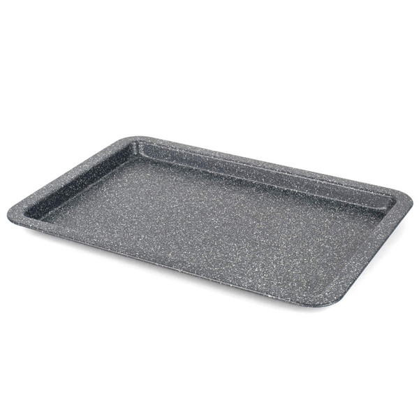 Grey speckled non-stick baking tray shown angled on white background