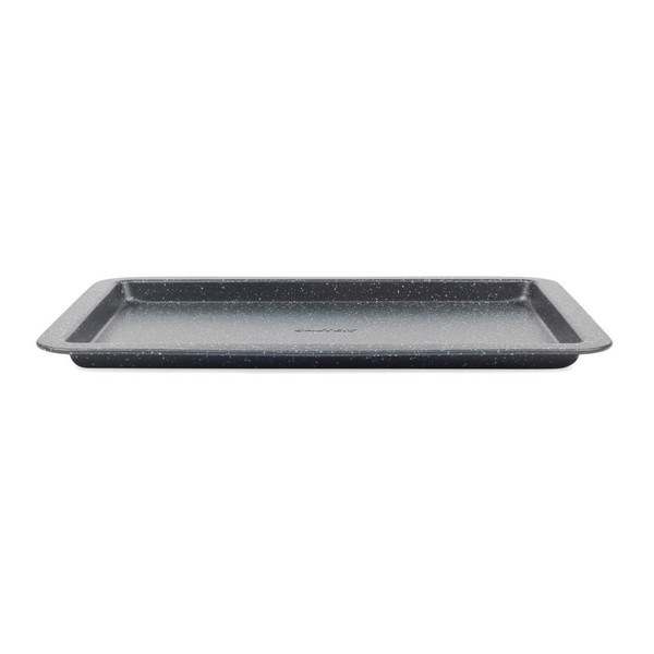 Grey speckled non-stick roasting tray shown from the side