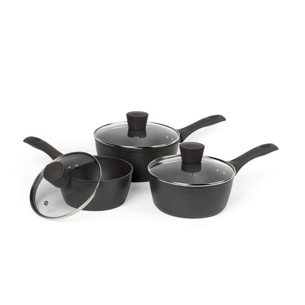 Set of three grey saucepans with lids, non-stick, displayed for product listing.