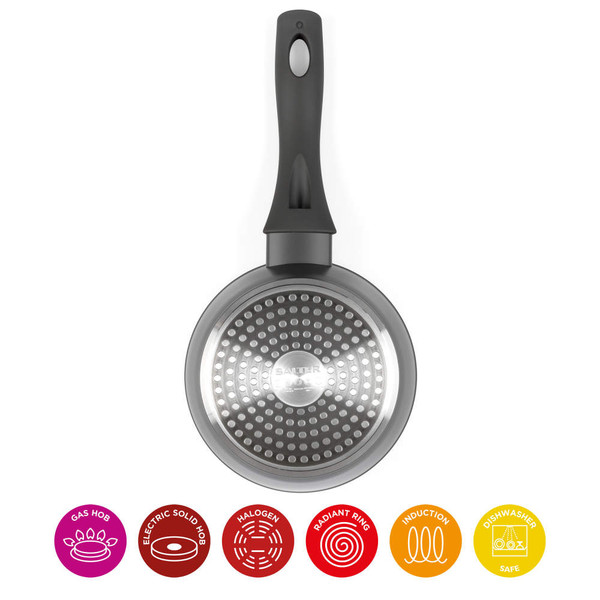 Black non-stick frying pan, base view, showing compatibility icons for all UK hob types and dishwasher safe.