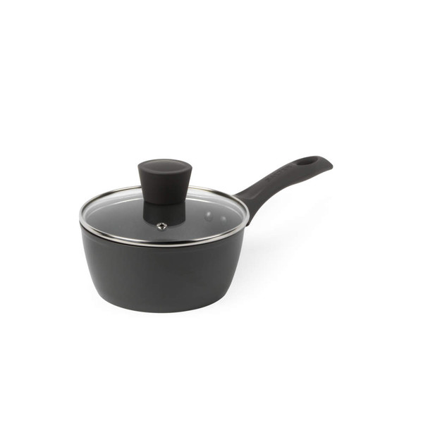 Grey saucepan with lid and handle shown on white background