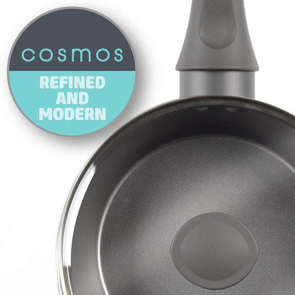 Top view of grey saucepan with handled lid, Cosmos range, refined and modern style.