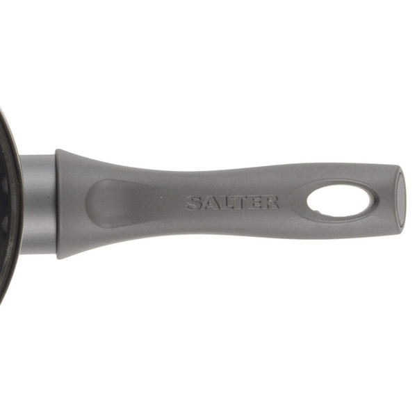 Grey Salter frying pan handle with brand logo, close-up product image.