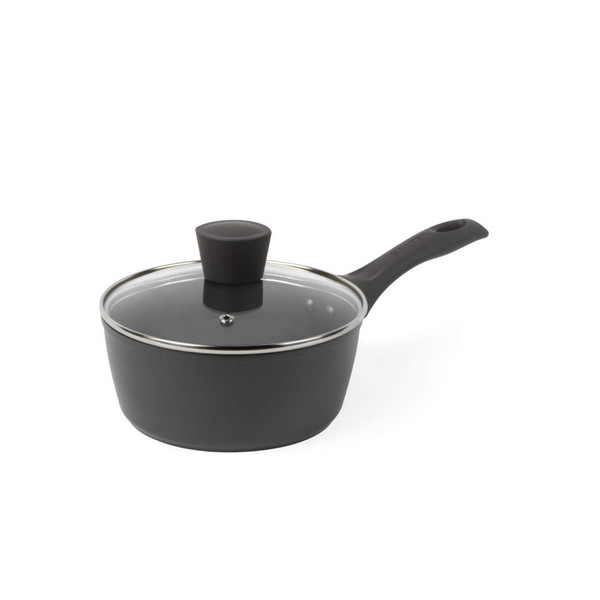 Grey saucepan with glass lid and black handle, shown on white background