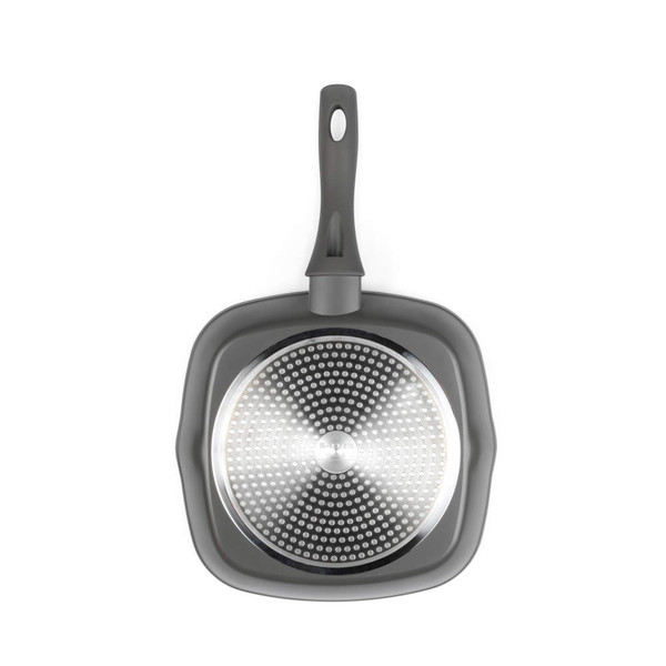 Black non-stick square frying pan, viewed from base, with silver induction bottom